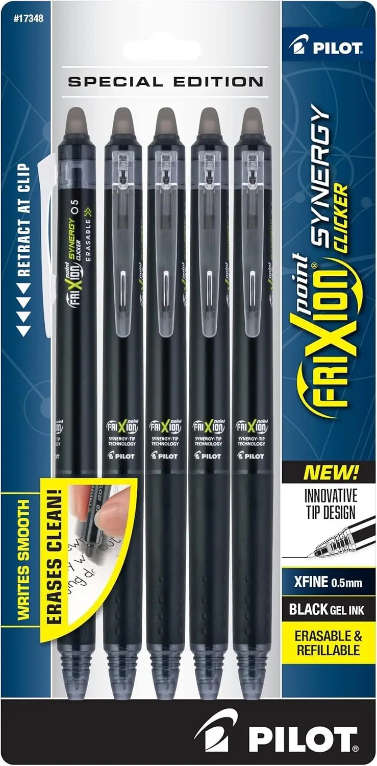 

Erasable, Refillable & Retractable Gel Pens, 0.5mm Fine Point, Black Ink, 5-Pack