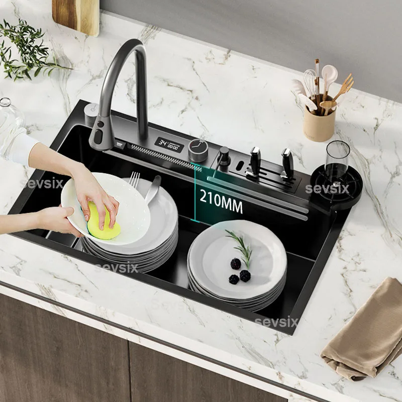 

Stainless Steel Kitchen Waterfall Sink Digital Display Large Single Sink Dish Basin Sink With Multifunction Touch Waterfall