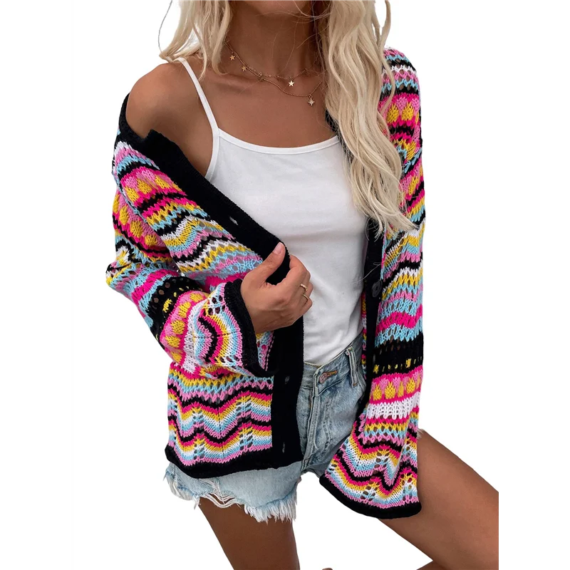 

【HAPPYH】Женский разноцветный полосатый вязаный крючком кардиган с круглым вырезом, расклешенными рукавами и пуговицами, свитер Y2K, пальто