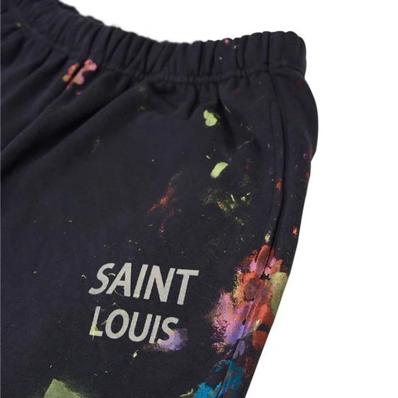 Men Women Couple Casual Splash Ink Graffiti Saint Louis Shorts Best Quality Cotton Drawstring Vintage Gray Oversized Breeches