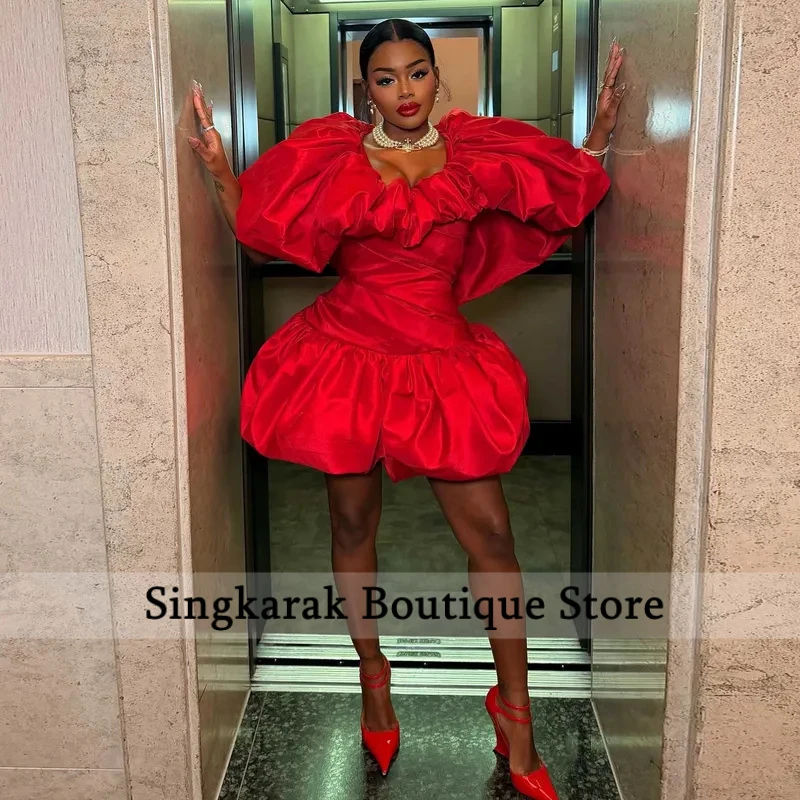 

Trendy Red Puff Sleeve Ruffle Short Prom Dresses Bubble Hem Party Cocktail Dresses African Formal Evening Party Gown Event Dress