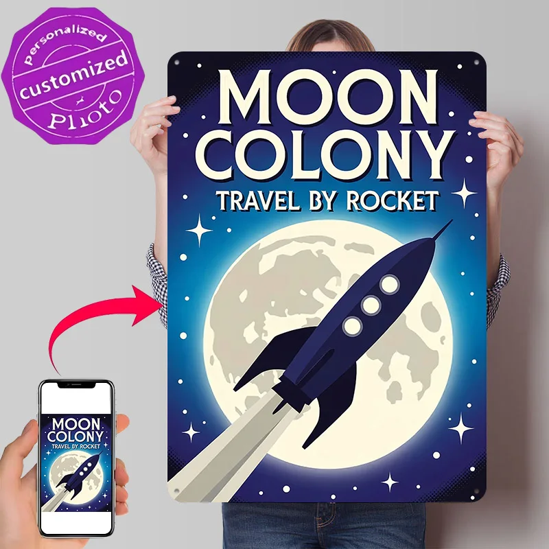Moon Colony Travel By Rocket Poster Retro 3D Printed Metal Signs Customized Wall Hanging Gift for Room Decorating Interior Art