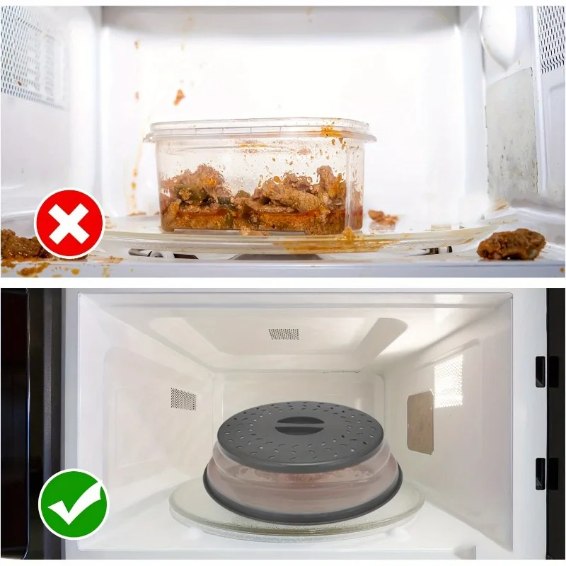 1Pc 10.5 Inch Round Multi Ply Collapsible Microwave Food Cover with Steam Vent and Strainer Easy to Carry Design with Handle