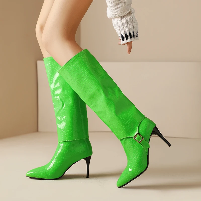 Knie Hoge Stiletto Laarzen Vrouwen Lakleer Balck Wit Groen Herfst Winter 2023 Schoenen Sexy Puntige Neus Hoge Hakken Lange Laarzen