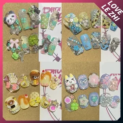 10Pcs Y2K Fashion Duck Feet Xl Press On Fake Nail Spice Girl Streak Punk Rivet Diamond 3D Flowers Full Cover Fake Nail Tips