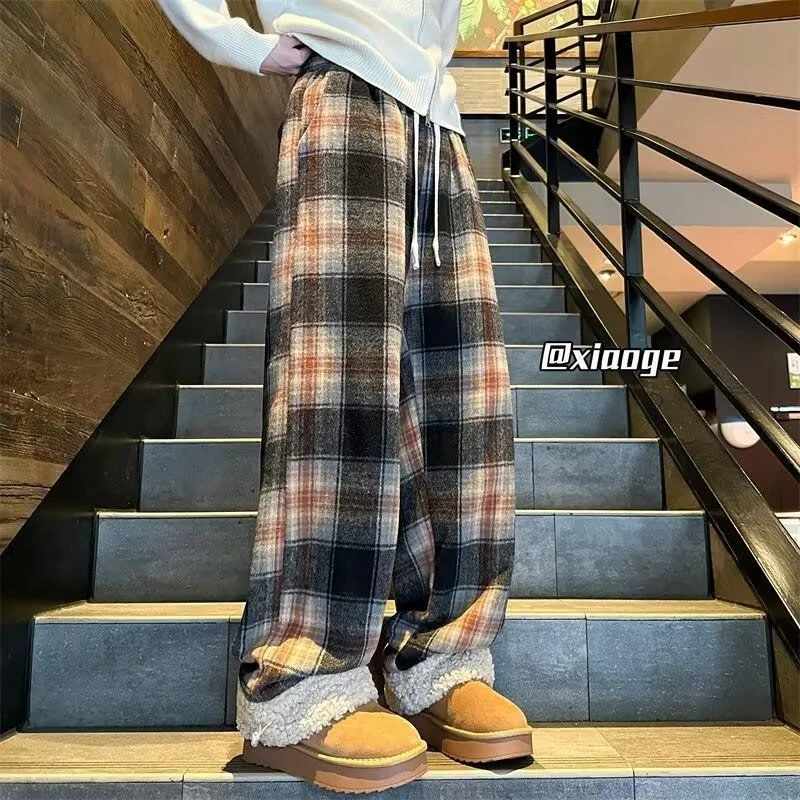 

Повседневные брюки в американском стиле ретро, клетчатые драпированные прямые брюки, мужские и женские ленивые весенне-осенне-зимние свободные широкие длинные брюки для подростков