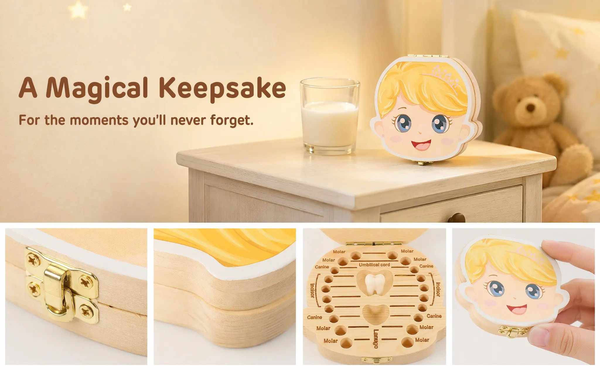 First Tooth Keepsake Box Smooth Surface Baby Teeth Case Wood Alloy Construction for Newborn Infant Teeth Storage Organizer Gift