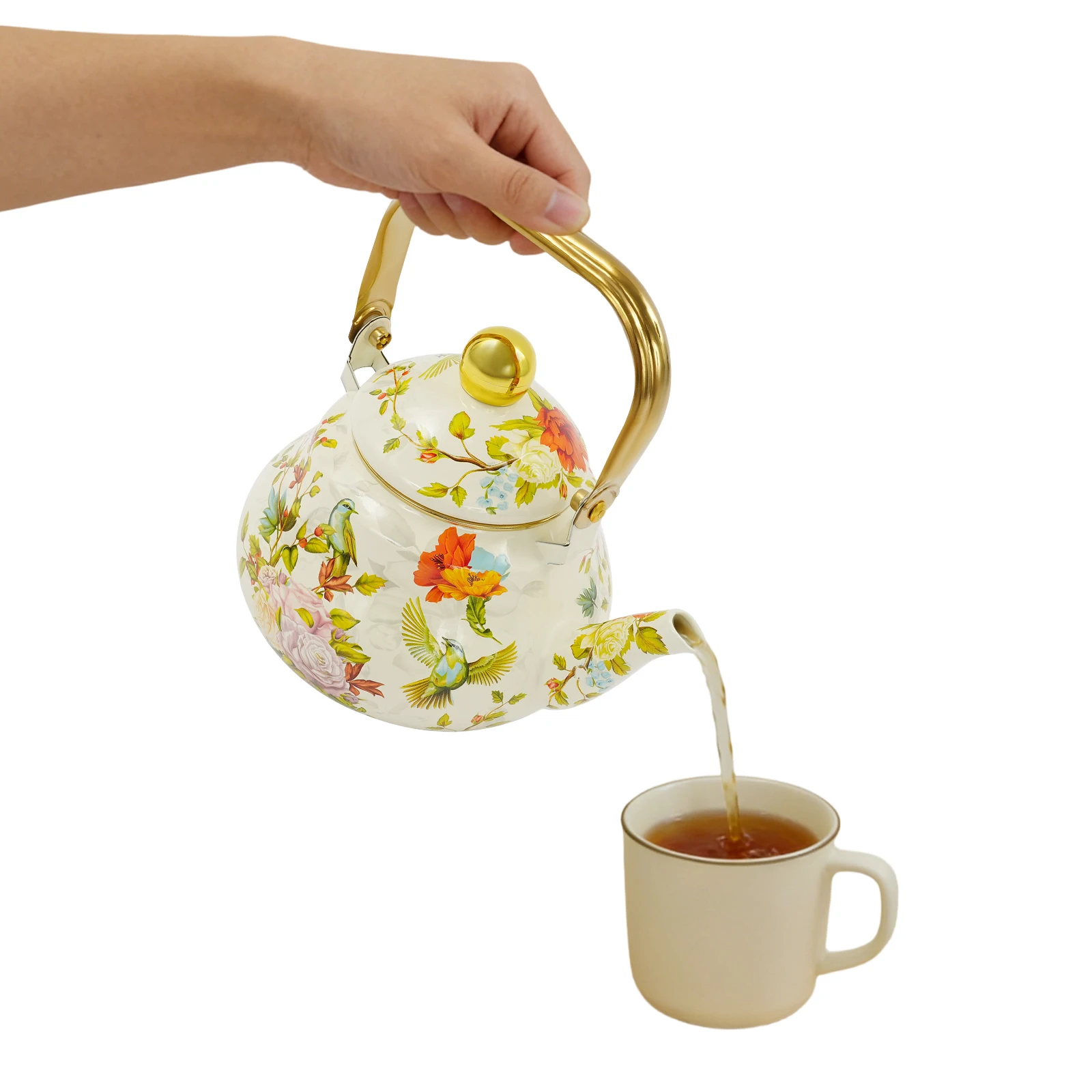 Emaille-Teekanne 1,5L, 52,8oz Teekanne mit Vogel- und Blumenmotiv, Goldener Griff Emailleware für Herdplatten-Teekocher