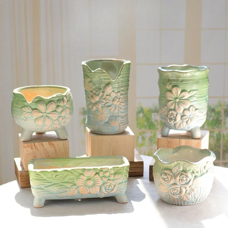 Fresh and Breathable Long, Medium To Small Sized Coarse Ceramic Garden Pot, Meat and Plant Combination Set Ceramic Flower Pot