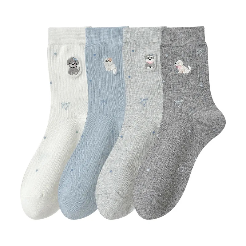 5 paires de chaussettes mi-mollet brodées de chiot de dessin animé mignon, ensemble de chaussettes longues pour filles, chaussettes amples en coton blanc d'automne Kawaii de haute qualité