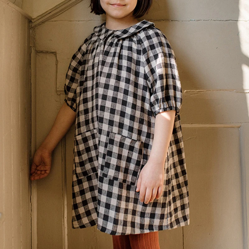 Retro Black Plaid Summer Girls Dress 2023 New Children\'s Doll Collar Casual Cotton Puff Sleeve Dresses With Pockets TZ241