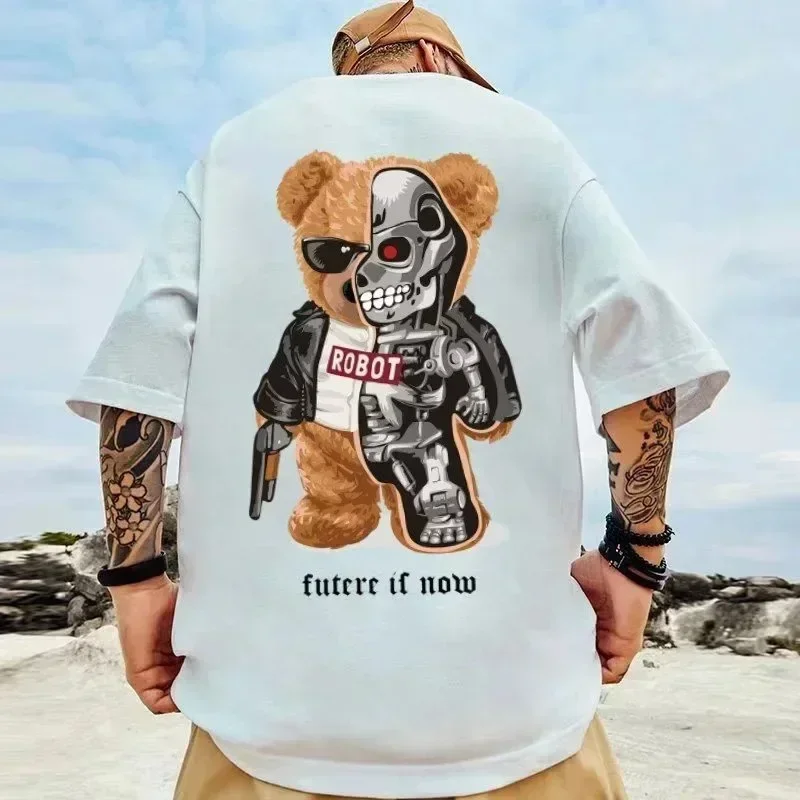 American Vintage Diamond Skeletal Bear Print Tee M-8XL Men Oversized Fashion T-shirt Loose Versatile Trend Couple Outfit