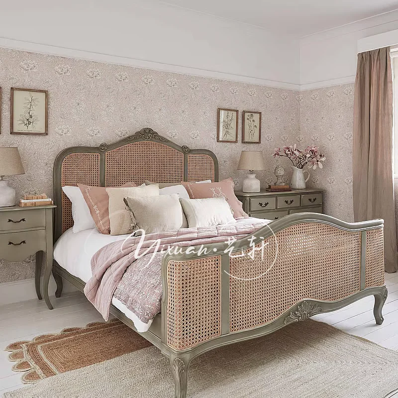 سرير فني من الخشب الصلب العتيق من الخيزران، سرير مزدوج فرنسي بسيط