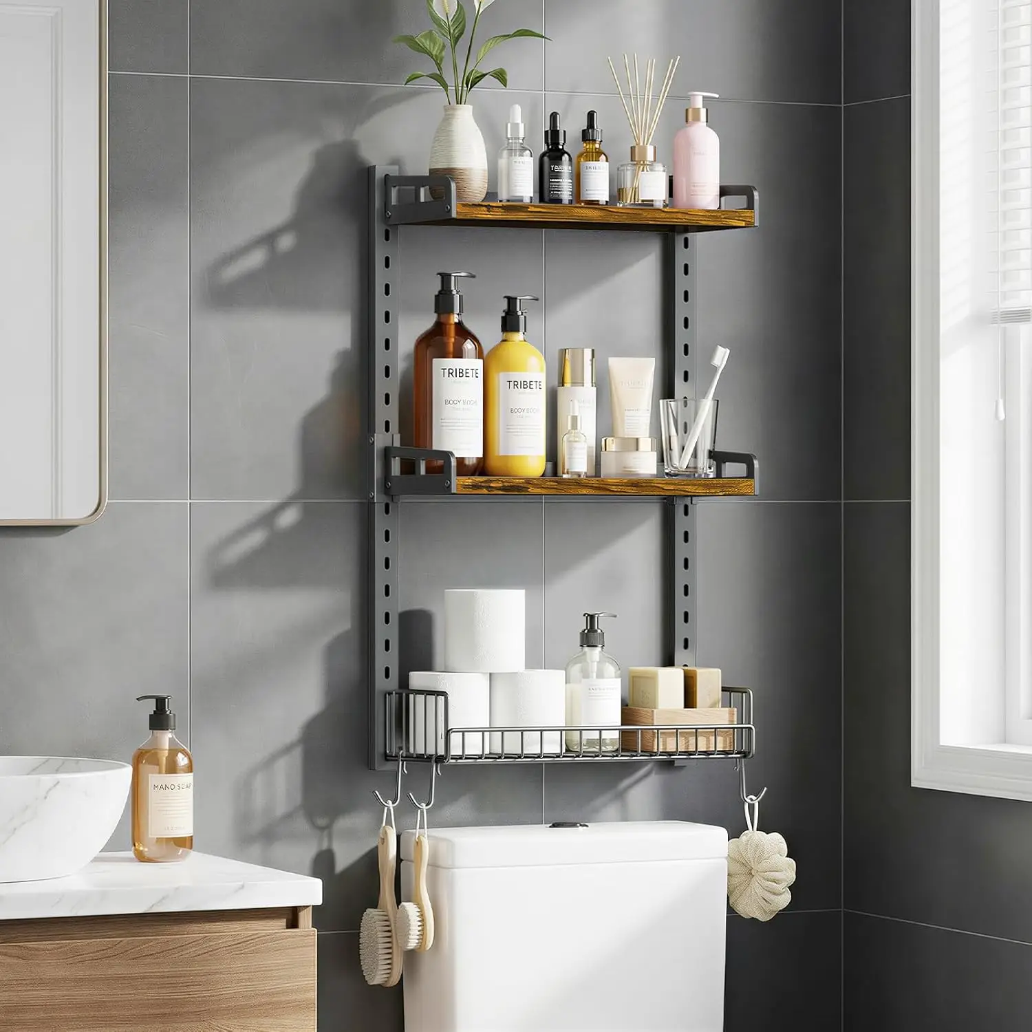

3 Tier Bathroom Shelves Over Toilet - Wall Mounted Floating Shelves with Drain Basket, Toilet Paper