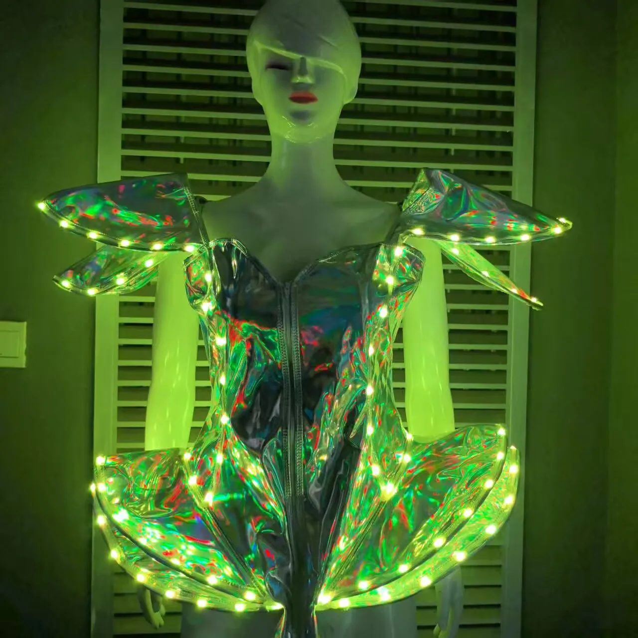 Fluoreszierendes silbernes Tanzkostüm, Kunstleder, Fliegenschulter-Body mit Shorts, Sänger, Team, Gogo, Bühnenaufführungskleidung