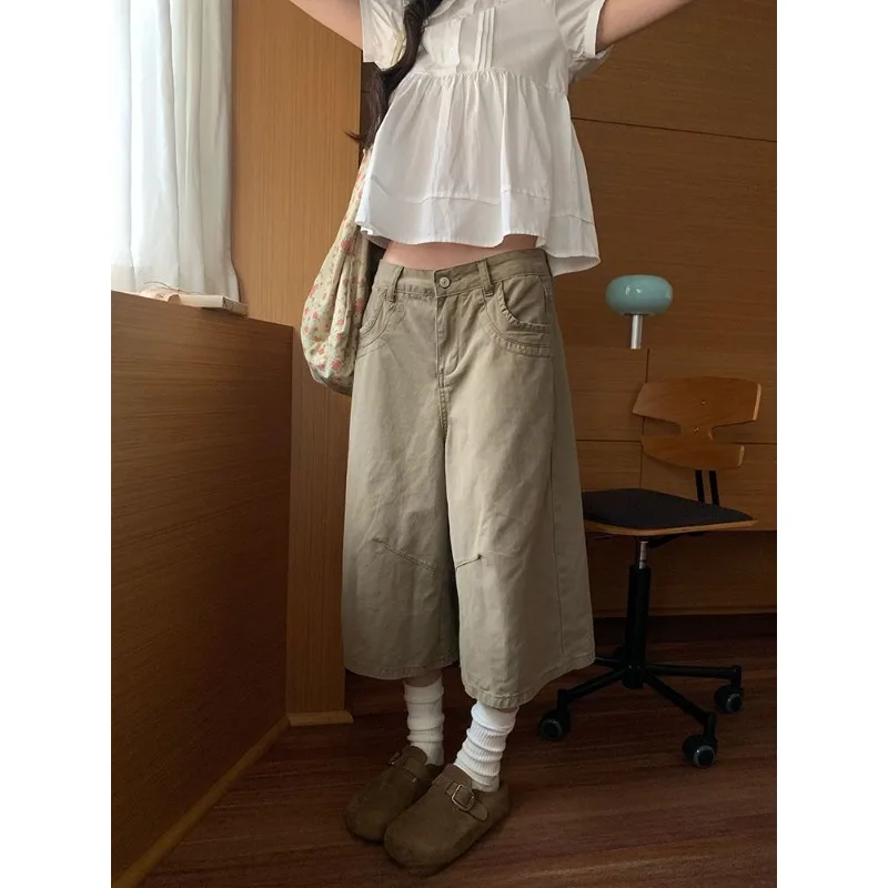 Vintage American Loose Wide Leg Denim Capris Women Comfortable High Quality Khaki Eight Length Jeans 2026 New Trendy Daily Wear view 3