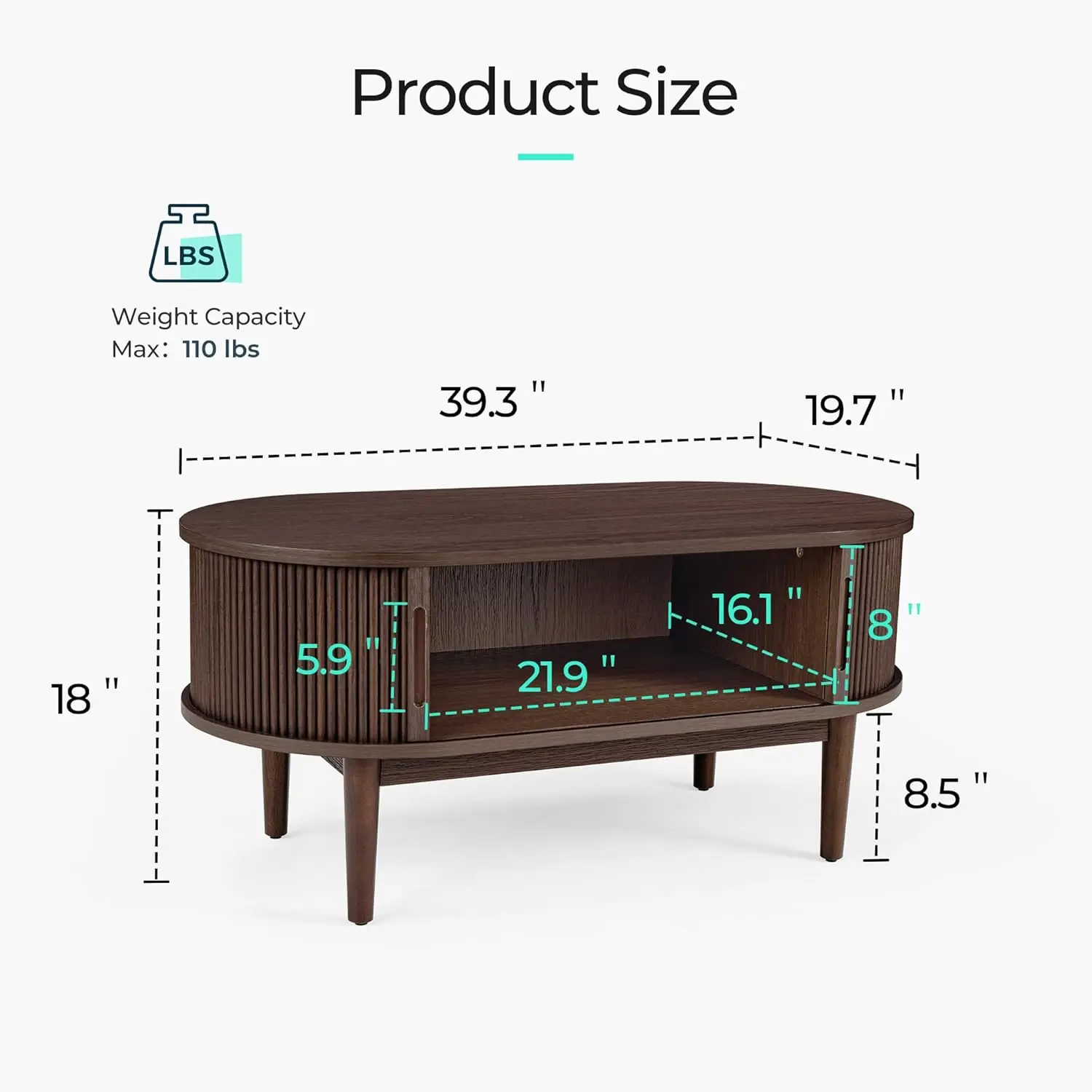 Mid Century Modern Coffee Table with Sliding Tambour Door, Fluted Accent Center Table with Storage, Oval Small Coffee Table