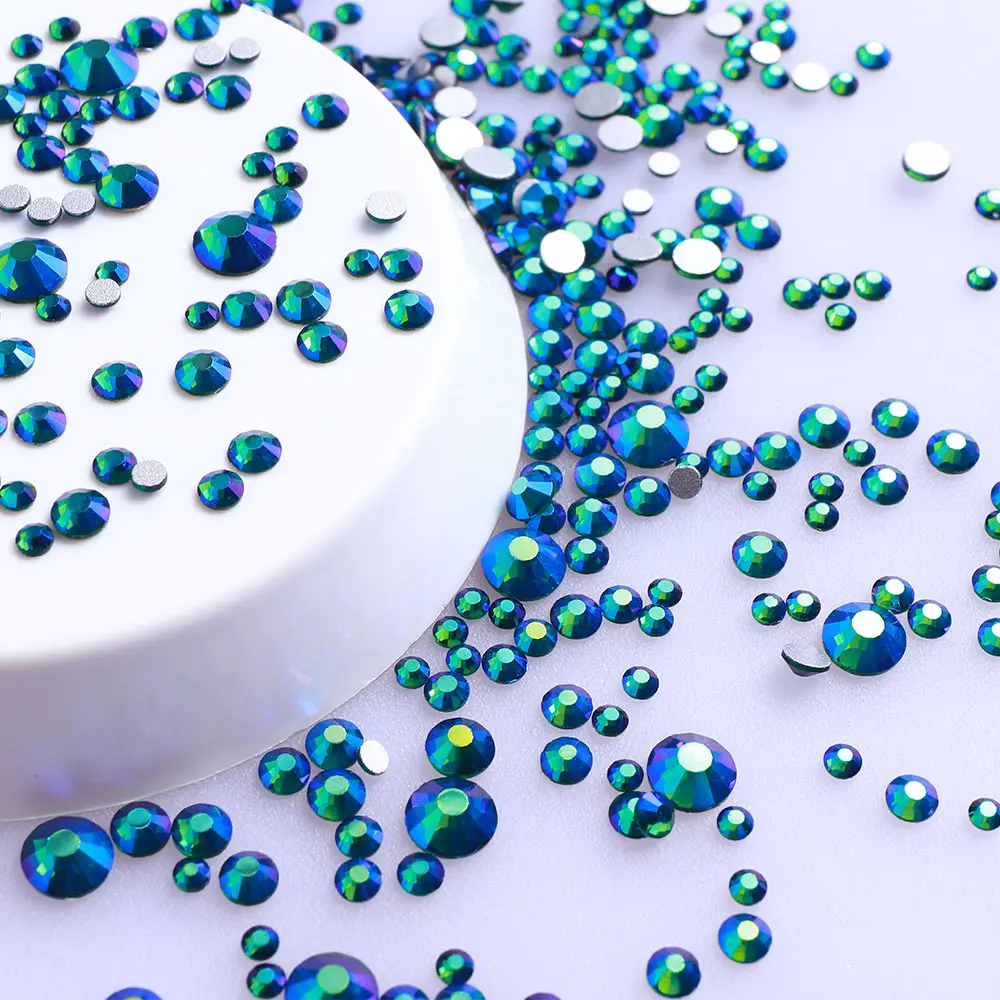 High Quality Mix Size SS6-SS20 Glass Rhinestones Dark Green AB Flat Back Strass Stones Diamond DIY Crafts Nail Art Accessories