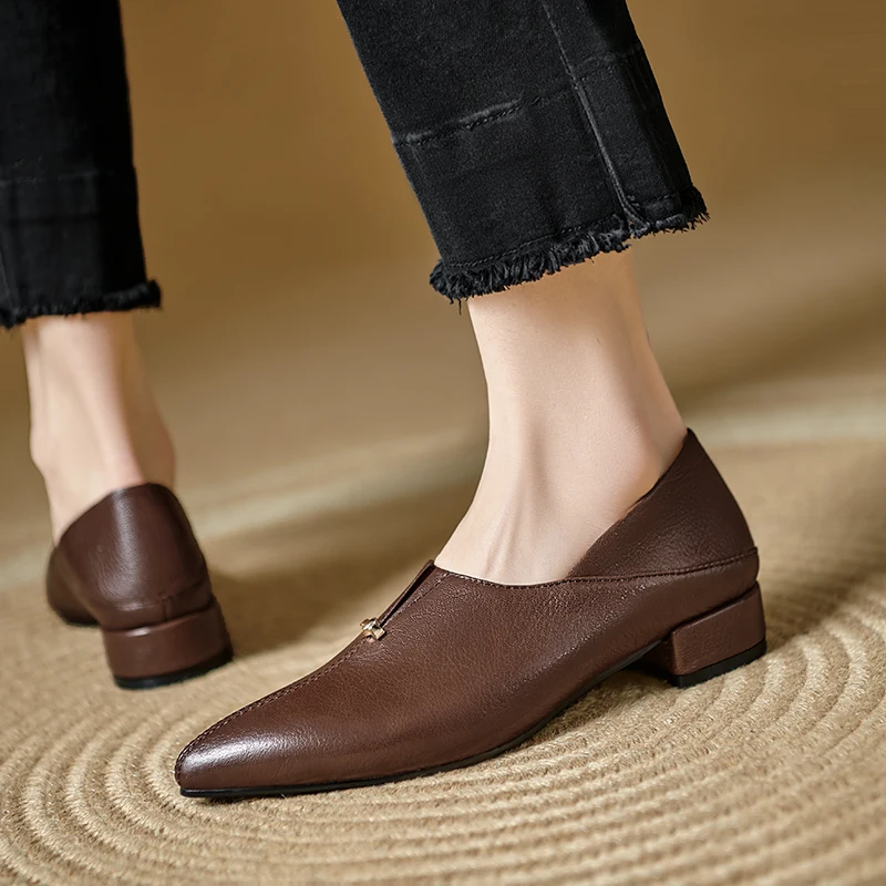 2026 new spring summer women pumps natural leather plus size 22-25.5cm sheepskin+pigskin pointed toe thick heel women shoes