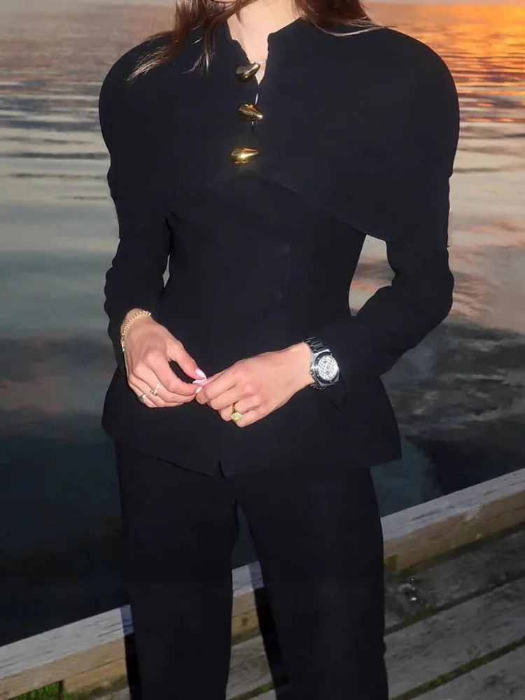 

Women Fashion Commuting Button Design Slim Jackets Casual Long Sleeve Office Outercoats Elegant Stand Collar Solid Luxury Coats