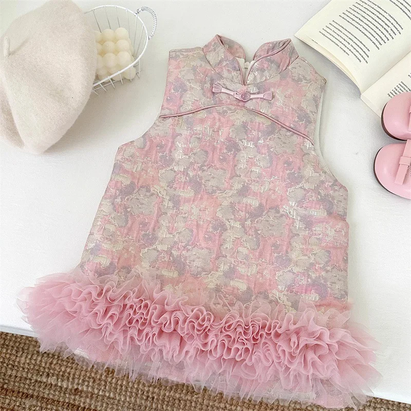 

Girls' Retro Cheongsam Dress Winter New Style National Style Fashionable Baby Temperament Cute Sleeveless Thickened Tank Dress