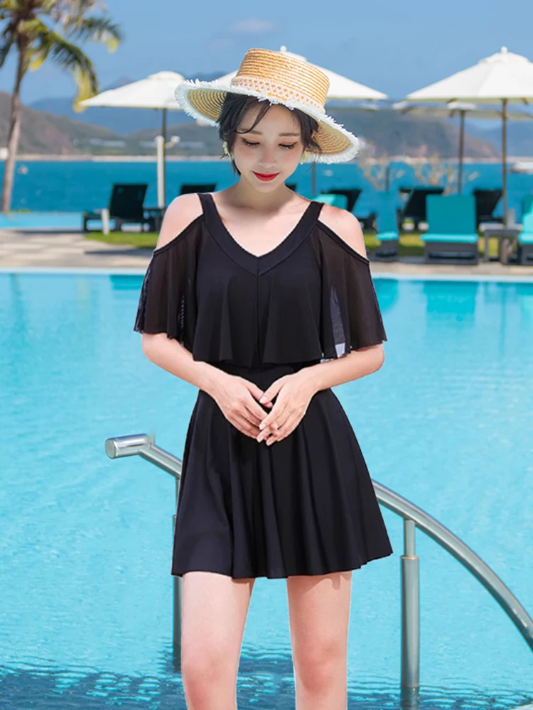 Conservative plus Size Women's Two-Piece Swimsuit Skirt Style Cover up Slimming Thermal Spa Swimming Costume V-Neck Short Sleeve