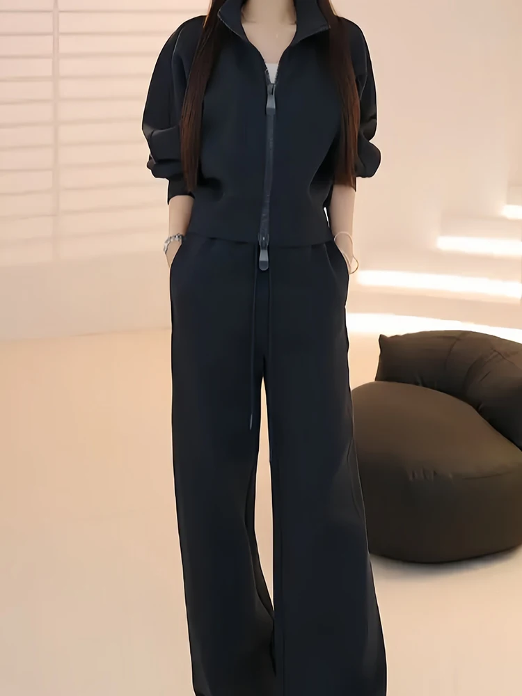 

Повседневный женский комплект из двух предметов Spor, осеннее новое поступление, широкие брюки на молнии, Laid-ba Sle, европейская мода