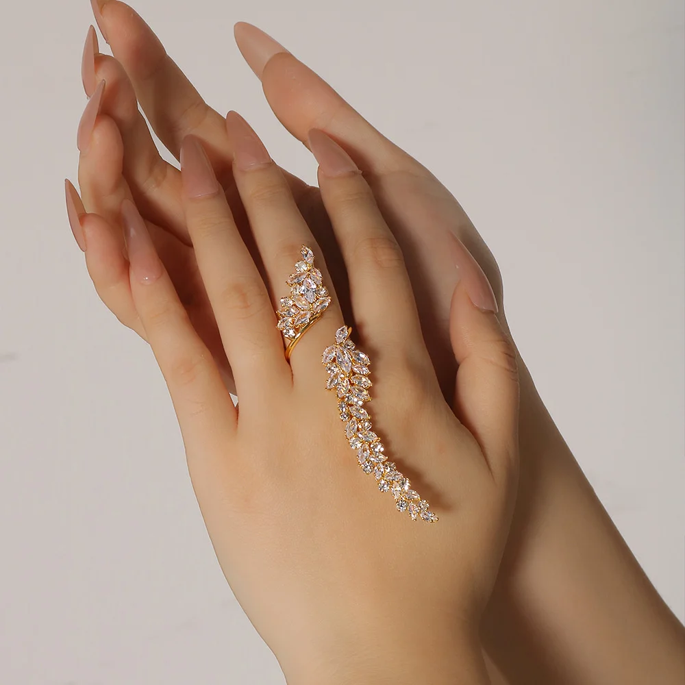 Eleganter und verstellbarer Damenring mit langem Flügelblatt und Zirkon, leichter Luxus, Brautparty, Hochzeit, Fingerschmuck, Geschenk – Detail 4