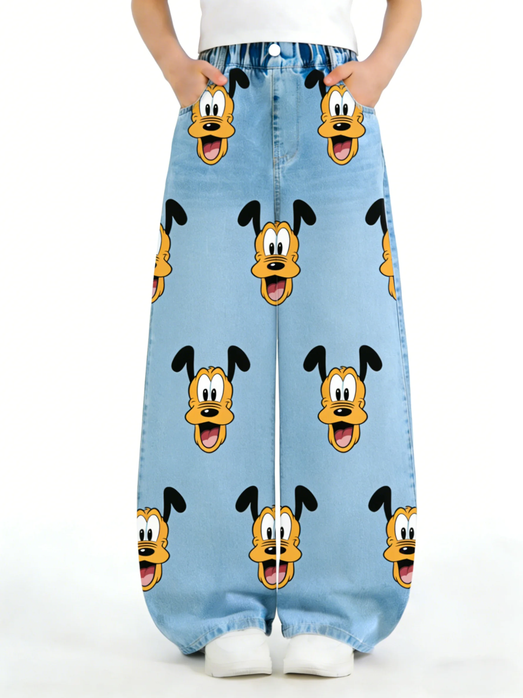 

Новые джинсовые брюки с широкими штанинами в корейском стиле для девочек от Disney, милые эластичные брюки с высокой талией и принтом Плутона, модные детские брюки