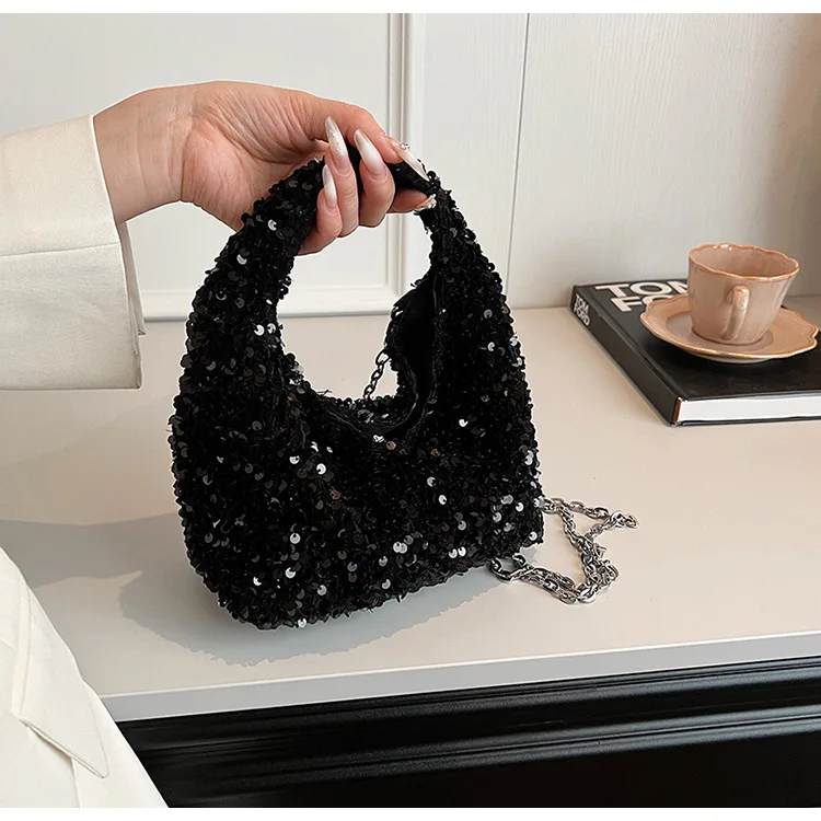 ブラックシルバーカラフルなスパンコールレディースハンドバッグメタルチェーンショルダーバッグクロスボディシンプルなトレンディなベルベットの小さなトートバッグ女性のための