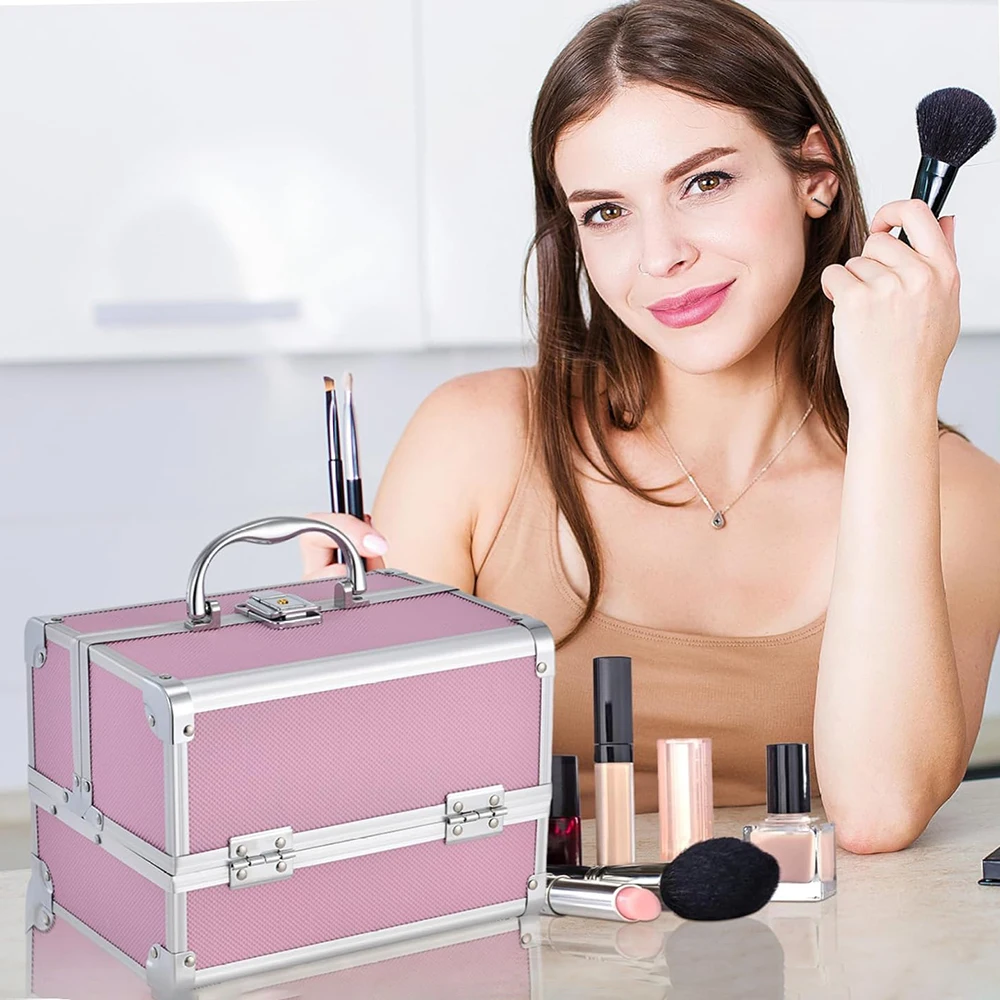 Portable 3-Layer Makeup Box with Mirror & Lock, Extendable Cosmetic Organiser for Travel, Ideal for Cosmetologists