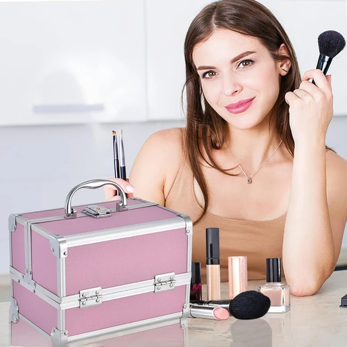 Imagen 2 del producto Caja de maquillaje portátil de 3 capas con espejo y cerradura, organizador de cosméticos extensible para viajes, ideal para cosmetólogos