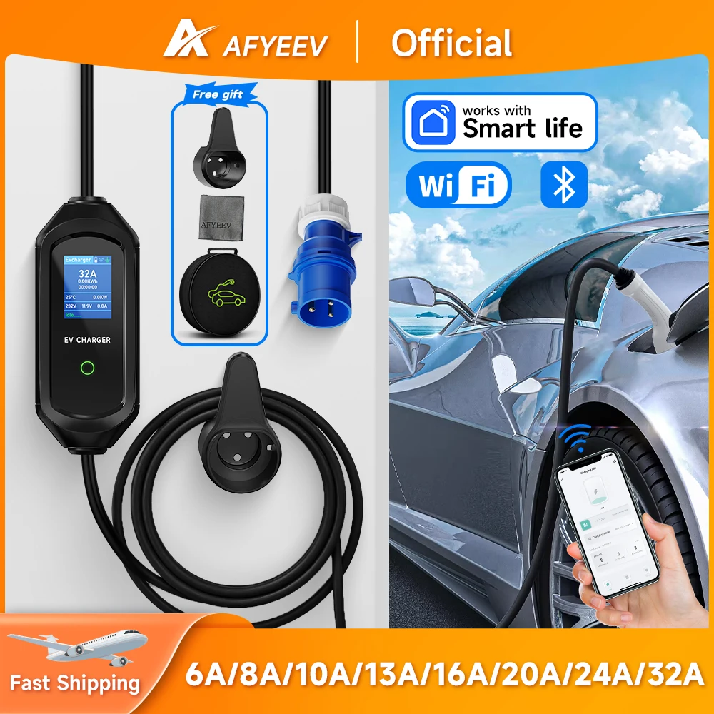 AFYEEV 32A 7.2KW Portable EV Charger Type2 Type1 Electric Vehicle Charger GB/T EVSE Charging Cable Wi-Fi Bluetooth APP Control