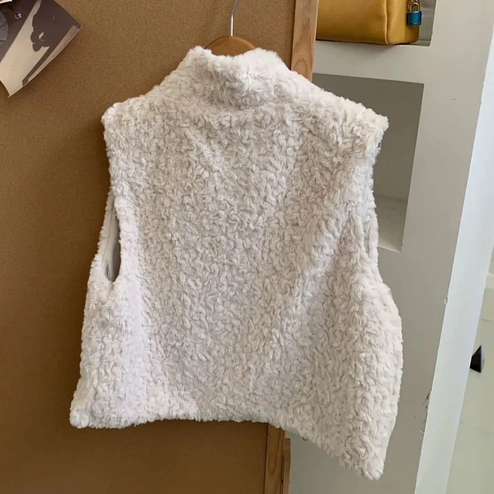 Lamb Wool Stand Collar Women Vest Autumn Winter Loose Fit Versatile Sleeveless Warm Waistcoat Jacket Korean Fashion Zippers Coat