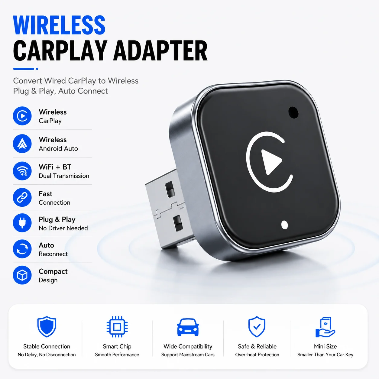 Carplay Dongle Wireless Android Auto Mini Smallest Fast Stable Connection Multimedia Box Dual System Upgrade Module