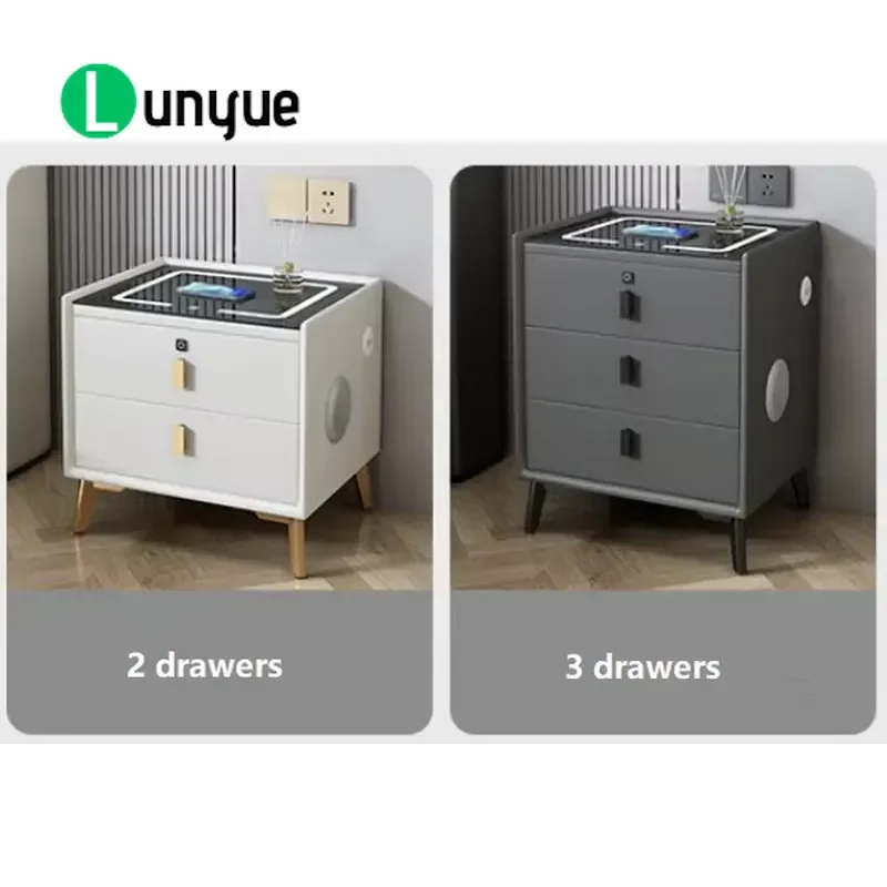 Smart Bedside Table with LED Color Light Wireless Charging Fingerprint Lock USB Modern Multifunctional Locker for Bedroom