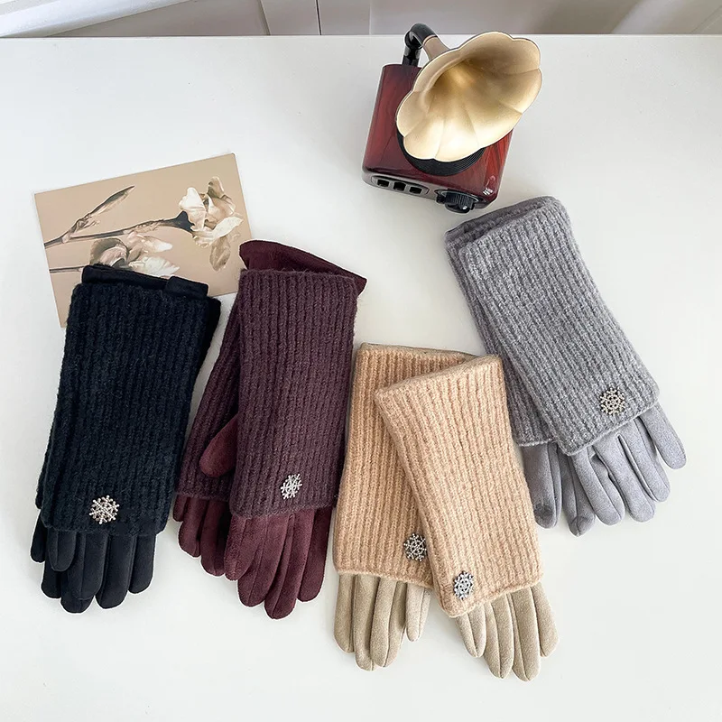 Autumn and Winter Knitted Gloves with Small Snowflake Thickened Thread Set Touchscreen Warmth and Cold Protection Winter Gloves