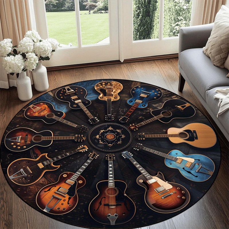 VIKAMA Rock Guitar Round Area Rug, Non-Slip Washable Music Carpet, Vintage Guitar Collection Print Floor Mat for Patio Living Ro