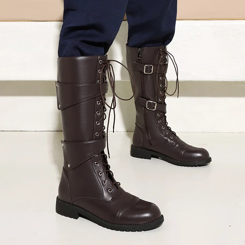 Casual Low Heel round Toe Men's Knight Boots Autumn Winter Large Size Belt Buckle Versatile Boots Fashionable Leather Footwear