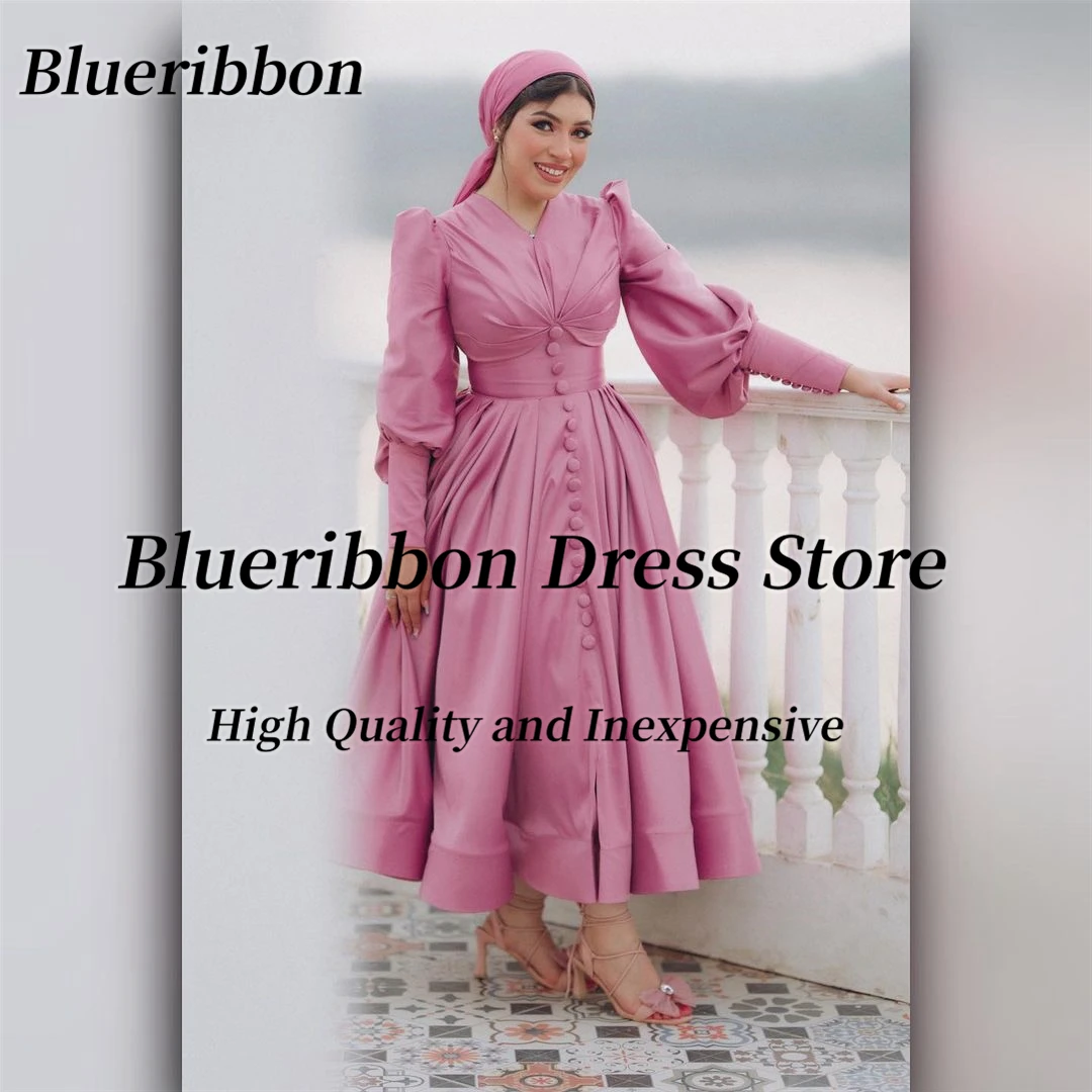 

Blueribbon Arabia Women Prom Dresses Long Sleeves فستان سهرة نسائي Buttons Ruched Ankle Length Evening Party Wedding Receptions