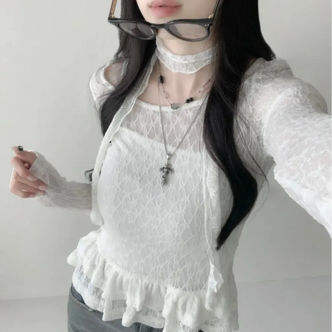 

Ele Long Sve Lace irt Women's Chic Design Vintage Gentle Skirt Hem Top Age-Defng Fene Sle Chinese Manufacturer