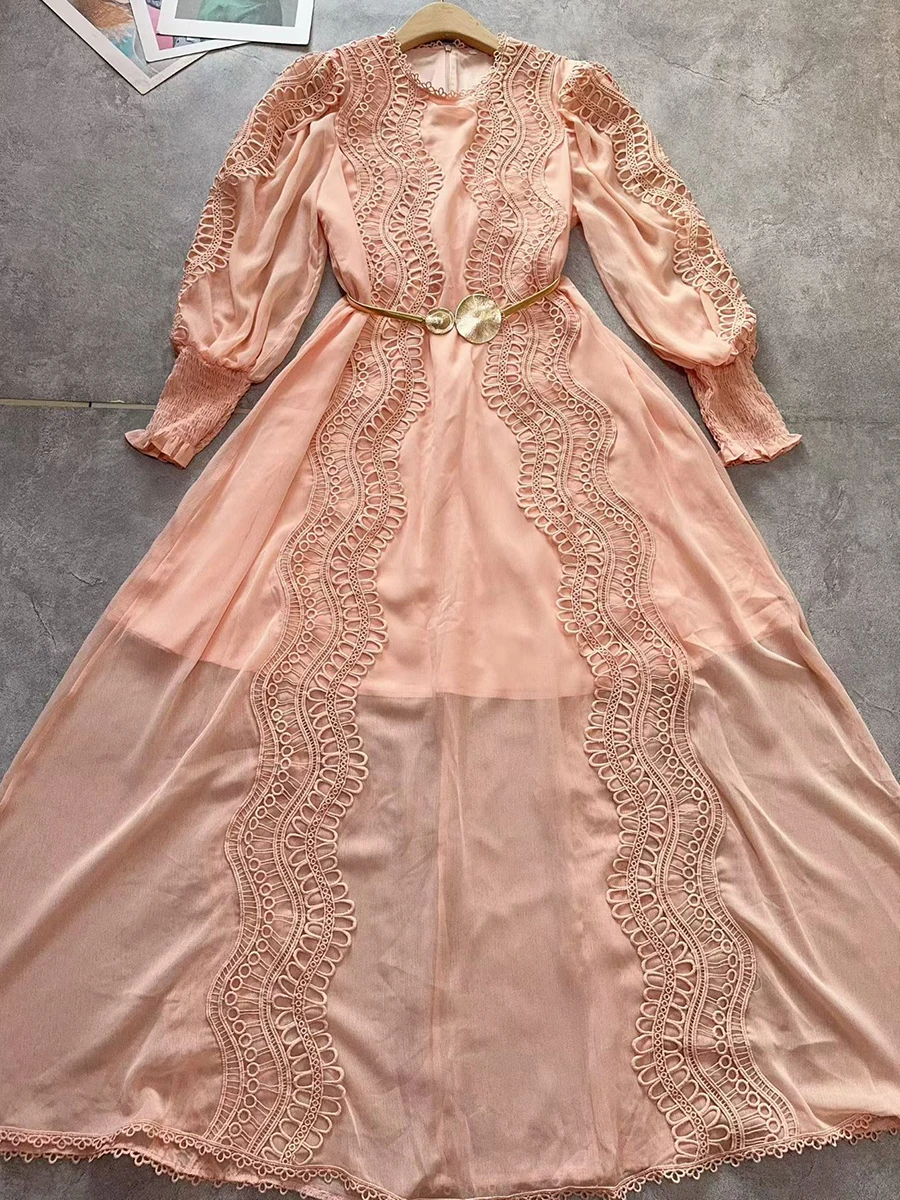 Sukienka damska VGH Solid Gentel Style, patchworkowa, z metalowymi szarfami, dekolt okrągły, rękawy typu lampion, prześwitująca koronka, elegancka, długa, nowa.