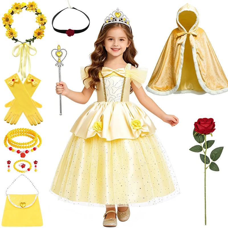 Fairy Girls Princess Belle Dress Up Halloween Fairytale Cosplay Birthday Party Carnival Children's Costume Beauty Kids Clothes