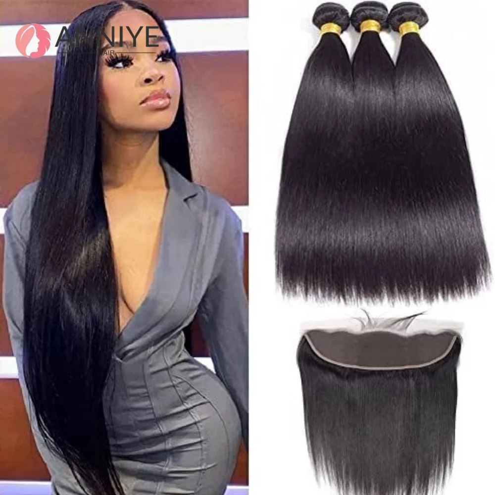 

3 Bundles With 13x4 Lace Frontal 100% Human Hair Straight Peruvian Hair Natural Color Virgin Hair Bundles With Closure ANNIYE