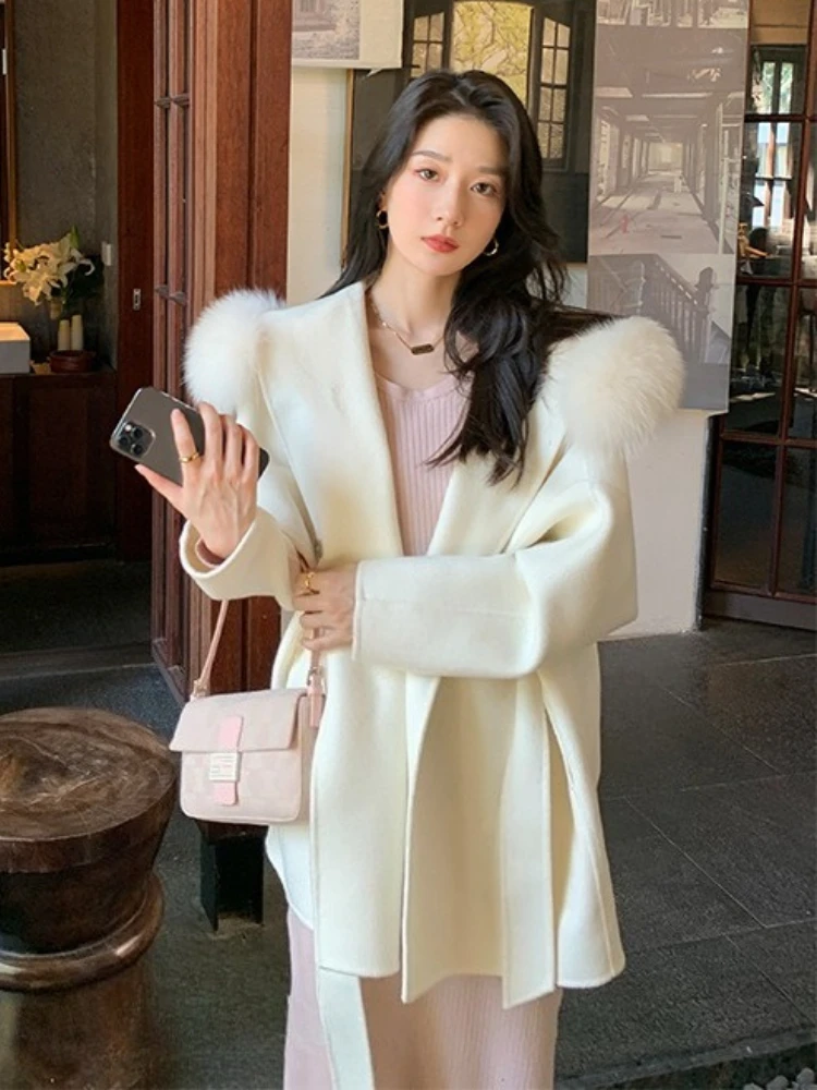 المرأة مزدوجة الوجه معطف الصوف الخريف الشتاء الملابس الإناث 2025 موضة جديدة مقنعين ريال فوكس الفراء الكشمير سترة صوفية