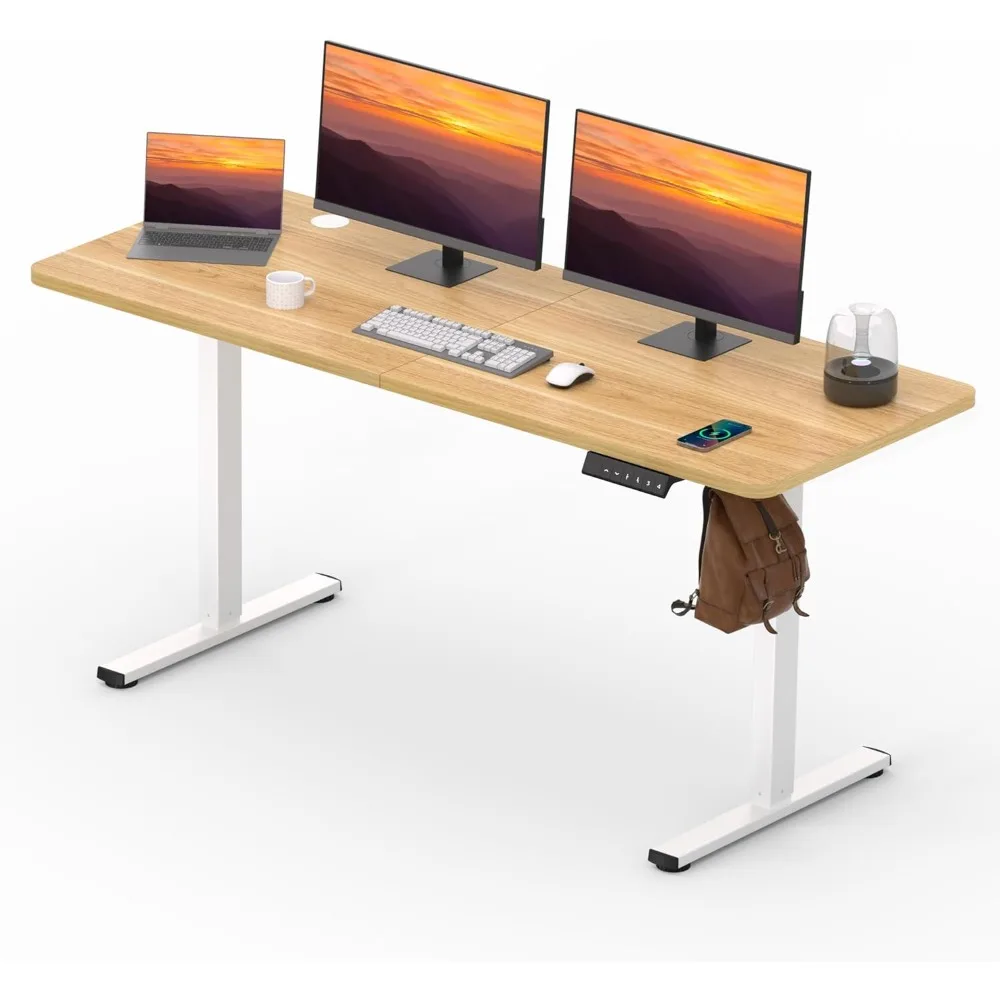 Adjustable Standing Desk, 63x24 Inches Home Office Desk with Memory Preset Computer Workstation Maple Top + White Frame
