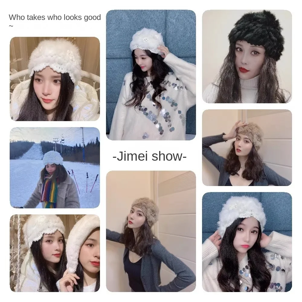 Fashionable Multicolor Crochet Rabbit Fur Hat Handmade White Plush Toe Cap Windproof Warm Knitted Hat Outdoor