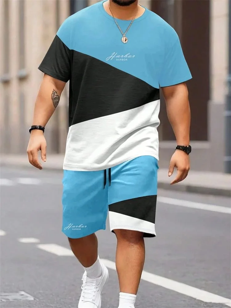 New Summer Patchwork Pattern Short Sleeved Top for Men, Round Neck Short Sleeved Shorts with Drawstring, Sports Suit, Outdoor Br