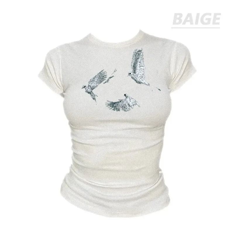 Women's Vintage Flying Bird Print Slim Fit Crop Top Short Sleeve Casual Y2K Tee