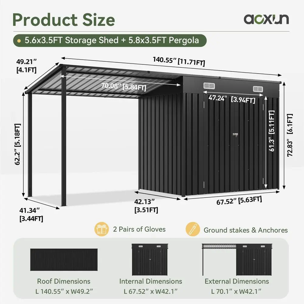 12x3.5 Outdoor Storage Shed amp Hardtop Gazebo Combo Black